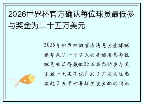 2026世界杯官方确认每位球员最低参与奖金为二十五万美元 2026世界杯官方确认每位球员最低参与奖金为二十五万美元