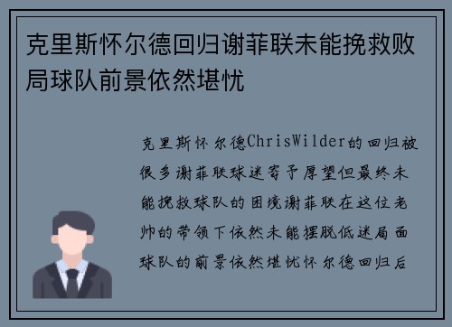 克里斯怀尔德回归谢菲联未能挽救败局球队前景依然堪忧